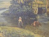 a painting of a woman and a cow by a river