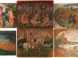 several paintings of women and animals are displayed on a white surface