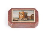 painting of a castle in a wooden box on a white surface