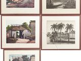four framed pictures of a beach scene with palm trees and a hut