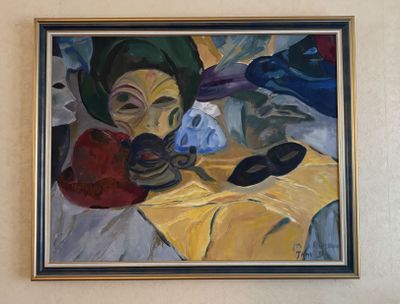 a painting on the wall of a room with a painting of a woman