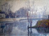 un tableau représentant un homme et une femme marchant au bord d'une rivière