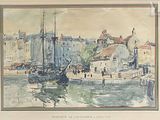 painting of a harbor scene with boats and buildings in the background