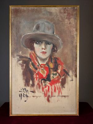 une peinture à l'huile représentant une femme portant un chapeau et une écharpe