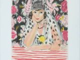 painting of a woman in a hat and dress sitting at a table