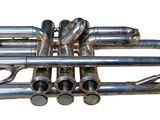 a close up of a silver trumpet on a white background