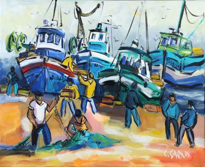 tableau représentant un groupe de personnes travaillant sur une plage, avec des bateaux en arrière-plan