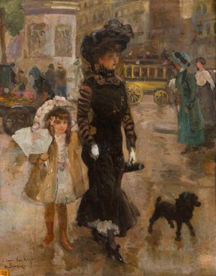 tableau représentant une femme et un enfant marchant dans la rue avec un chien