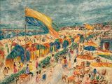 tableau représentant une scène de plage avec des personnes et des parasols par une journée ensoleillée
