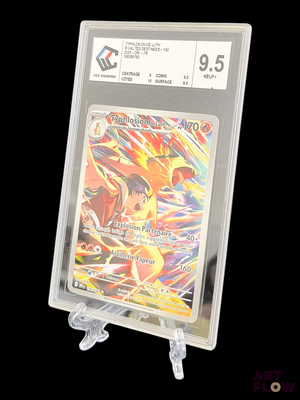 a pokemon card in a clear plastic holder on a black background