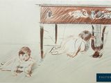 a drawing of a woman and a child under a table