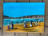 une peinture de personnes sur la plage avec des parasols