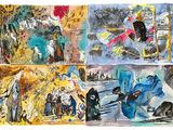 quatre tableaux représentant des personnages de différentes couleurs et tailles sur fond blanc