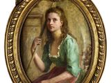 tableau représentant une femme en robe verte, assise dans un cadre doré