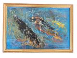an oil painting of two koi fish swimming in a pond