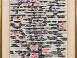 a painting of a black and white brick wall with pink flowers