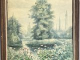 un tableau représentant un paysage avec une rivière et des arbres en arrière-plan