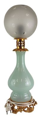 a glass lamp that is sitting on a stand