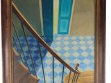 an oil painting of a staircase leading to a blue door
