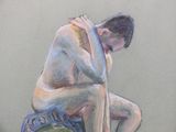 painting of a man sitting on a stool with his head in his hands