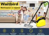 une femme assise sur un canapé avec un aspirateur jaune