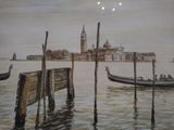 a painting of gondolas in the water with a clock tower in the background