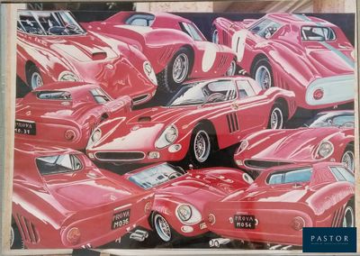painting of a group of red sports cars in a parking lot
