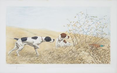 tableau représentant deux chiens dans un champ avec un faisan, et un autre faisan en arrière-plan