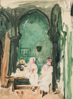 tableau représentant deux femmes assises à une table dans un salon verdoyant