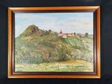 a painting of a hill with a village on top of it