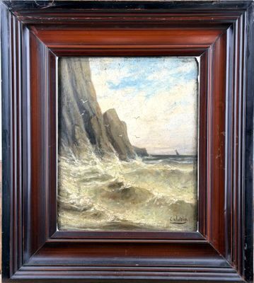 a painting of a rocky coast with a boat in the water