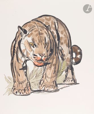a drawing of a tiger that is walking in the grass