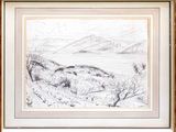 dessin au crayon représentant un paysage avec des montagnes en arrière-plan