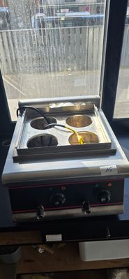 a stove with two burners on top of it in front of a window