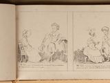 deux pages d'un livre sur lesquelles figurent des dessins représentant des personnes assises sur un banc