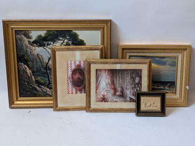 three framed pictures and a picture of a woman in a red dress