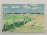 un tableau représentant un champ vert avec des maisons au loin