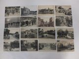 several old black and white photographs of a train station and other buildings