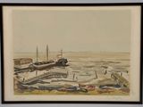aquarelle encadrée représentant des bateaux amarrés à un quai sur une plage
