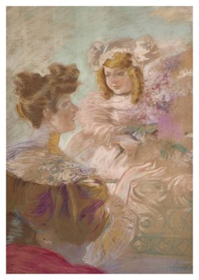 an image of a painting of two women sitting on a couch