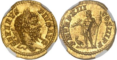 a gold coin with an image of a man holding a sword