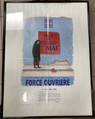 a framed picture of a man standing in front of a sign