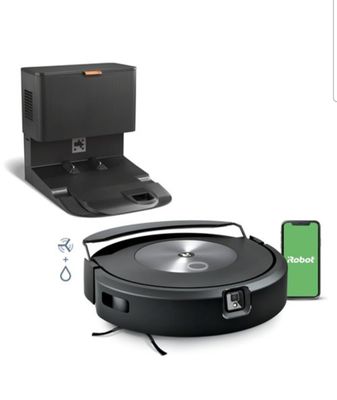 une image représentant un aspirateur robot et une station de recharge pour téléphone