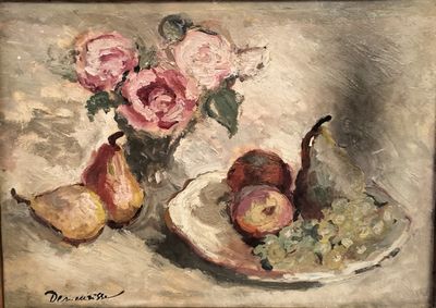a painting of fruit and flowers on a table