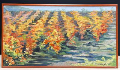 an oil painting of a field of yellow and red flowers