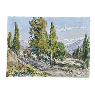 aquarelle représentant un paysage avec des arbres et des montagnes en arrière-plan
