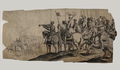 a drawing of a group of men on horses