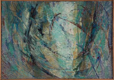 peinture abstraite représentant le visage d'une femme dans un cadre bleu, vert et marron