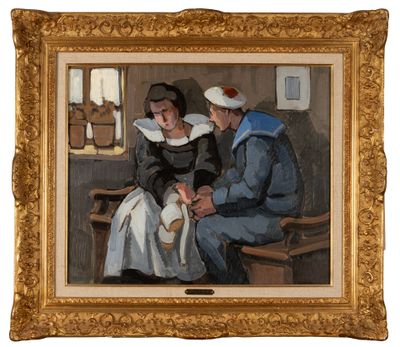 une image d'un tableau représentant un homme et une femme assis sur un banc