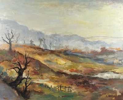 an oil painting of a landscape with a road and a tree